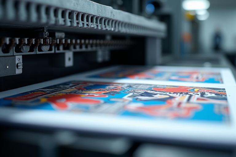 Presse d'impression offset professionnelle en action.